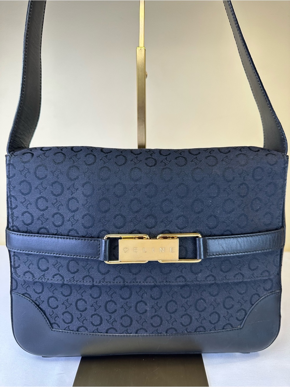 Celine Black “C Macadam” monogram canvas leather trim goldtone hardware